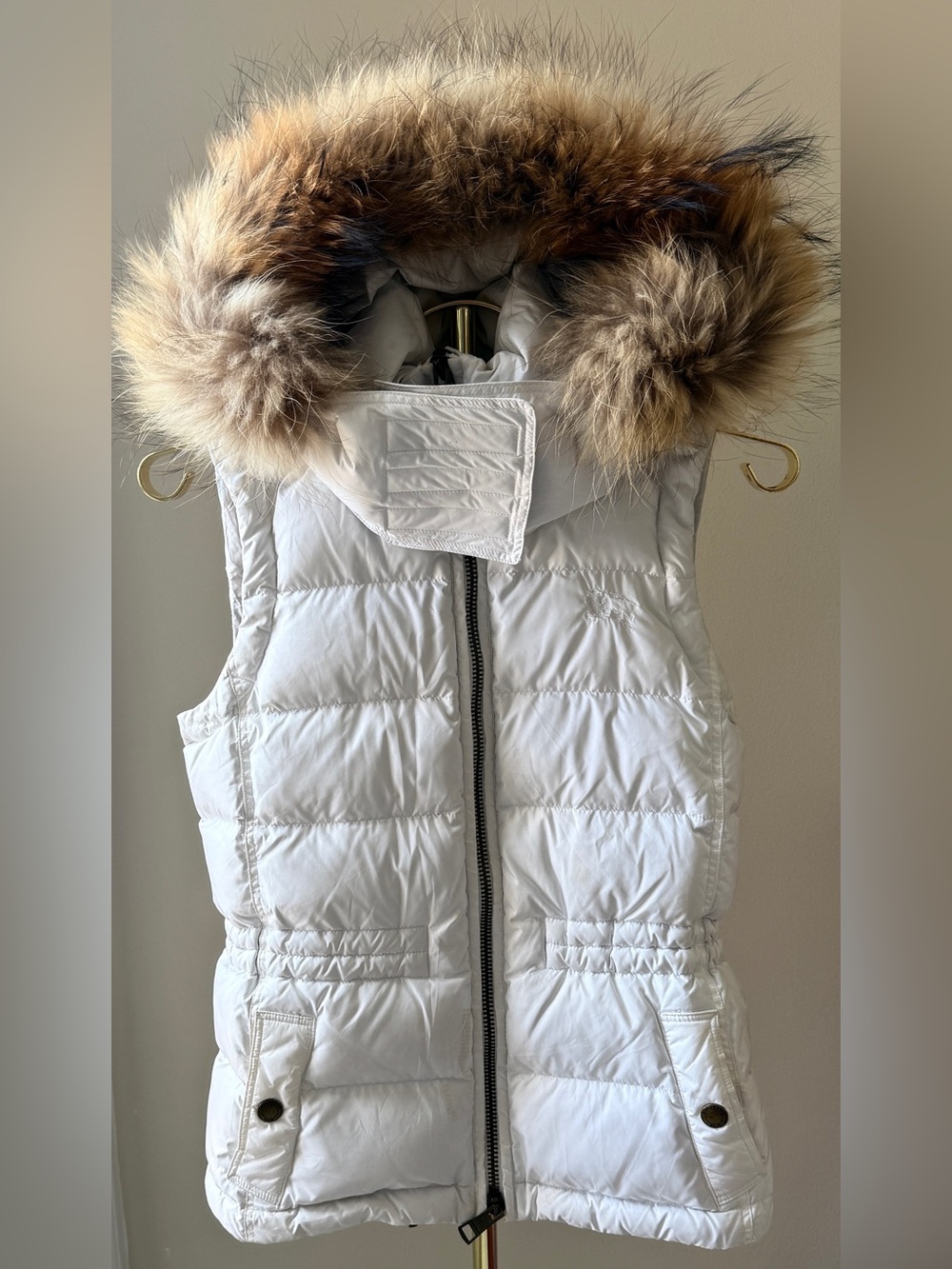 Burberry White Quilted Puffer Vest with Fur-Trim Hood